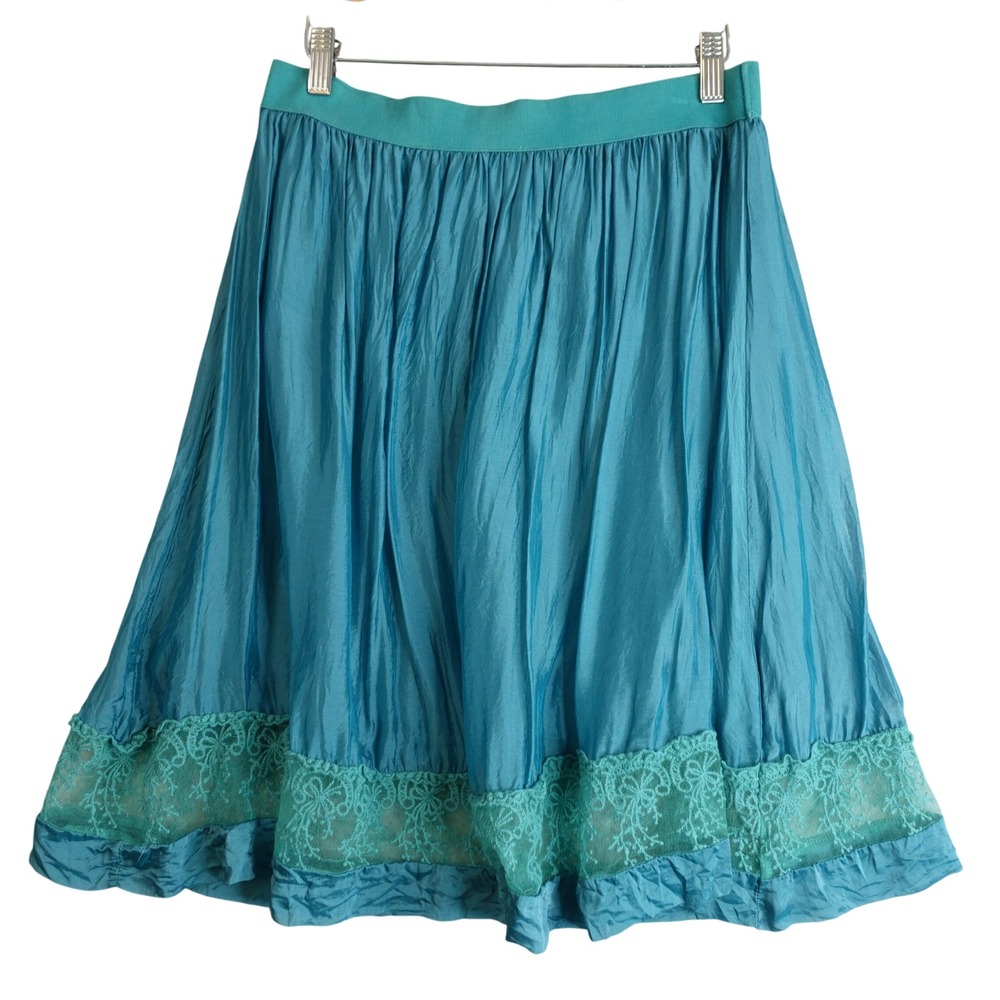 Y2K Silk Lace Trim Pleated Skirt‎ L Teal Sheer Fairy Boho Mermaid Romantic Italy